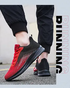 Detailed side view of red and black flyknit running shoes featuring breathable mesh texture