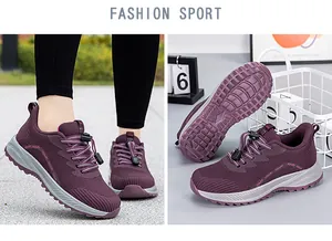 Close-up detail of purple mesh walking shoes with textured non-slip rubber soles