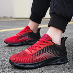 Red and black fly-knit running shoes with breathable mesh for men and women