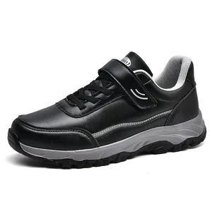 Comfortable black leather walking shoes for men and women with hook-and-loop strap