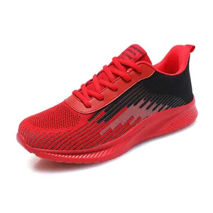 Vibrant red and black breathable knitted athletic running shoes for men and women