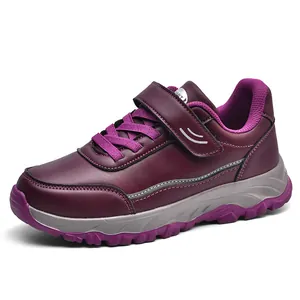 Comfortable purple leather walking shoes for seniors with secure velcro strap closure
