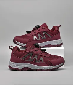 Detailed side view of burgundy mesh walking shoes with toggle laces and grey sole