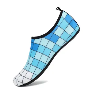 Side view of blue checkered elastic mesh water shoe for swimming and indoor yoga