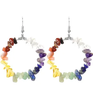 Detailed close-up shot of colorful natural crystal chip hoop earrings for women