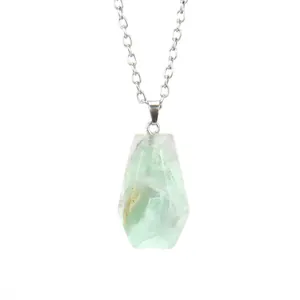 Detailed close-up of a natural green fluorite coffin pendant necklace with silver chain