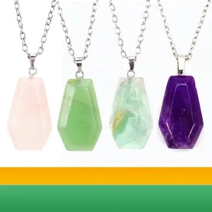 Natural Agate Crystal Mini Coffin Pendant Necklace Halloween Gothic Jewelry Stone Coffin Charm Silver Color Cross Chain For Women