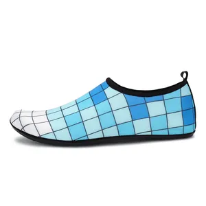 Side view of blue grid pattern quick-dry water shoes for swimming and indoor yoga.