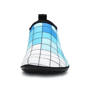 Front view of breathable blue gradient checkered water shoes for swimming and yoga.