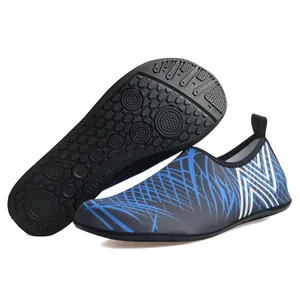 Close-up of elastic mesh water shoes with anti-slip rubber sole and side profile view