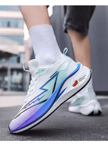 Dynamic close-up detail of white breathable mesh running shoes with blue lightning design