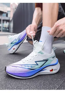 Side view detail of white mesh running shoes featuring a blue and purple gradient sole