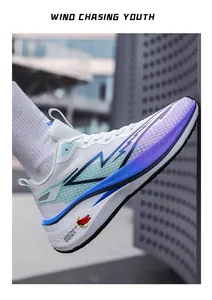 Detailed side view of breathable white mesh running shoes with blue gradient motifs