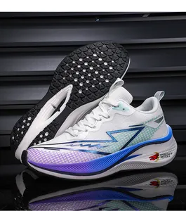 Side and sole view of white breathable mesh running shoes with blue gradient detail