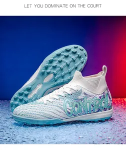 Close-up of high-top flyknit soccer shoes featuring a textured TF anti-slip sole