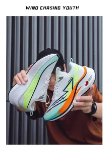 Breathable mesh running shoes with carbon plate for lightweight outdoor jogging.