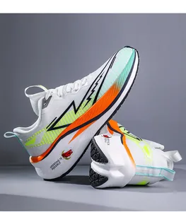 Close-up of white mesh running shoe with neon accents and SPORTING IS POSSIBLE logo