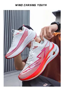 A detailed view of breathable white mesh running shoes with red lightning pattern accents