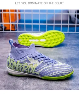 Detailed view of kids' high-top knit soccer shoes featuring purple upper and lime sole