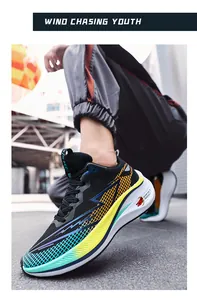 Close-up of breathable mesh running shoes with carbon plate technology in use