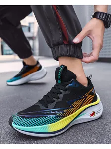 Detail shot of lightweight breathable mesh running shoes with shock-absorbing colorful soles.