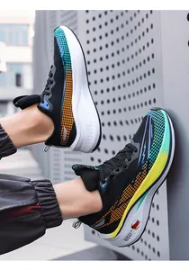 Detail shot of lightweight breathable mesh running shoes with vibrant colorful patterns