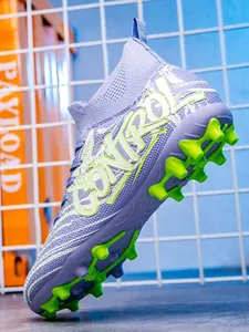 Purple high-top knitted soccer cleats for kids and youth with firm ground studs
