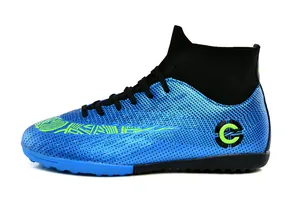 Blue and black high-top soccer shoe with mesh texture and neon green logo detail