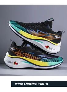 Detailed side view of breathable carbon plate running shoes with vibrant mesh design