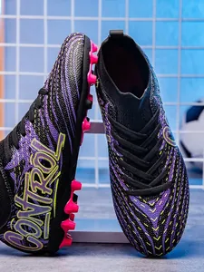 Professional high-top fly-knit soccer cleats with pink AG studs and CONTROL design
