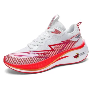 Lightweight white and red breathable mesh running shoes with carbon plate technology.