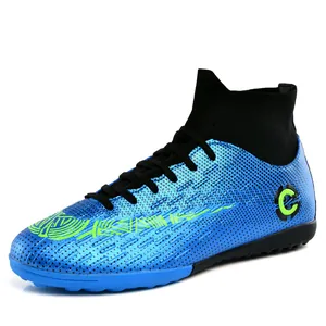 Professional high-top soccer shoes with blue textured upper and black ankle collar