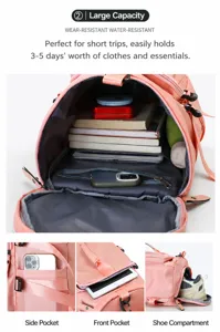 Vue détaillée des compartiments du sac à dos avec housse d'ordinateur et poche à chaussures.
