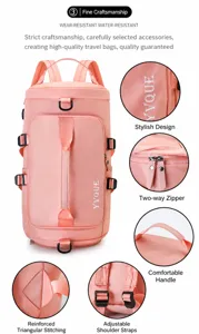Détails du sac à dos de voyage rose montrant fermetures éclair et sangles réglables