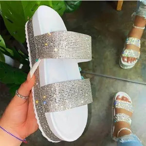 Women Rhinestone Platform Slide Sandals European Style Sparkly Double Strap Flat Sandals Summer Beach Outdoor Dress Shoes