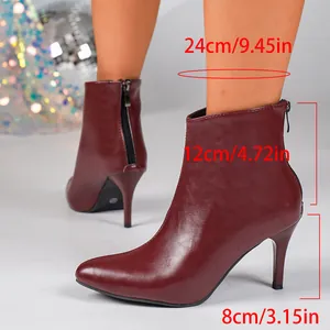 Detailed measurements for wine red pointed toe stiletto ankle boots with back zipper.