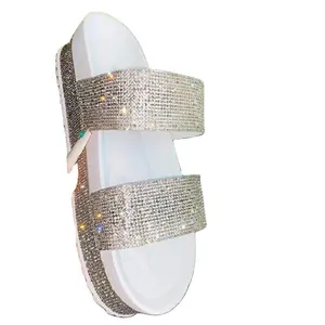 Women's sparkly rhinestone platform slide sandals with white thick soles and double straps