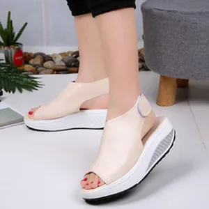 Beige peep-toe wedge platform sandals for women featuring thick white comfortable soles
