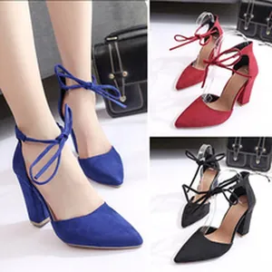 Pointed-toe block heel pumps with ankle tie bows in royal blue, red, and black colors.