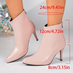 Detail of pink pointed toe stiletto ankle boots with heel and tube height measurements