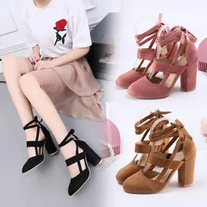 Detail view showing women's lace-up chunky high heel sandals in black, pink, and brown