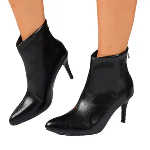 Elegant pointed-toe black stiletto ankle boots for women with a sleek leather-like finish.