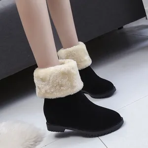 Nahaufnahme warmer Winter-Schneestiefel mit dickem beigem Kunstfellkragen und schwarzem Wildleder