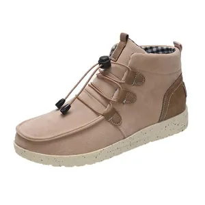 Casual khaki suede-like ankle boots with elastic drawstring laces and plaid lining detail