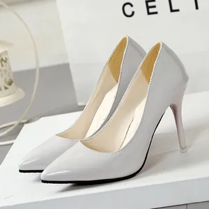 Elegant light grey patent leather pointed toe stiletto high heels for professional work