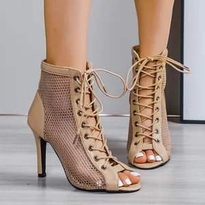 Bottines à talons hauts en maille beige à lacets et bout ouvert pour femmes élégantes