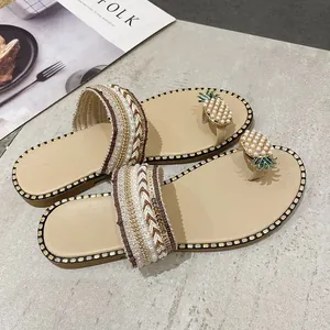Fairy style flat sandals for women featuring unique pearl pineapple toe ring design