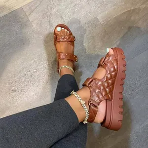 Damen Gesteppt Plateau Sandalen Casual Klettverschluss Riemchensandalen Wanderschuhe Dicke Sohle Strand Sandalen Plus Size PU Leder