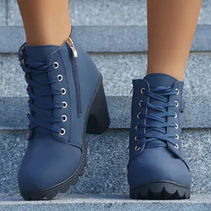 Élégantes bottines à lacets bleu marine avec talon bloc et fermeture éclair latérale
