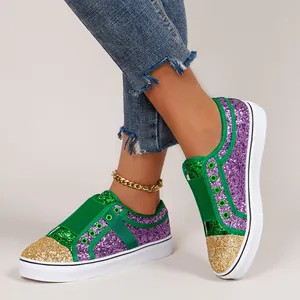 Vibrant Mardi Gras glitter sequin patchwork women's slip-on sneakers with white sole